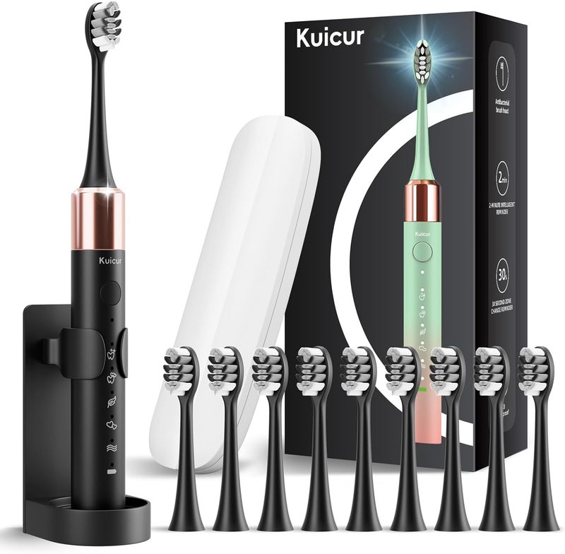 Kuicur Sonic Electric Toothbrush for Adults and Kids, Comes with 10 Brush Heads & Travel Case, 5 Modes with 2 Minutes Built in Smart Timer, One Charge for 90 Days, 42,000 VPM Motor (Black) - Image 1